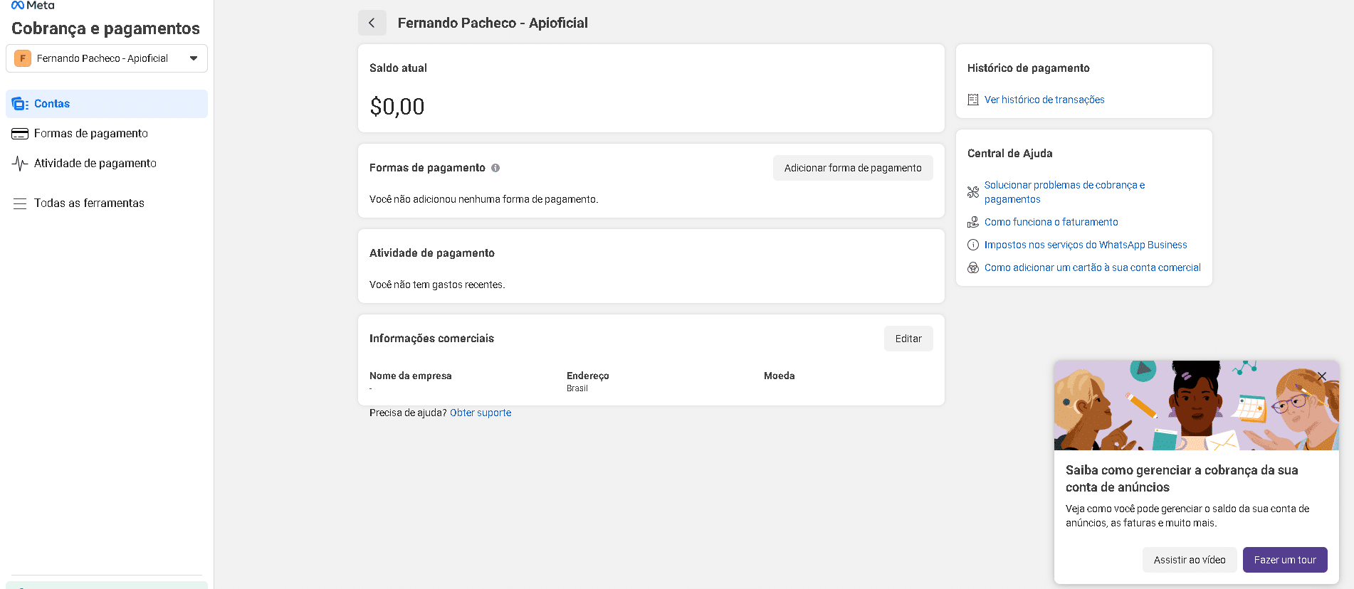 Painel de cobrança e pagamentos da Meta com opção de adicionar forma de pagamento