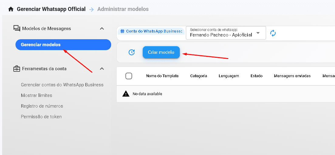 Tela do Gerenciador de Modelos na SocialHub com botão Criar modelo