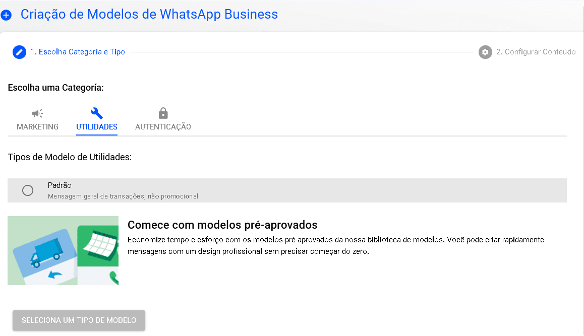 Tela de criação de modelos do WhatsApp Business com categorias Marketing, Utilidades e Autenticação