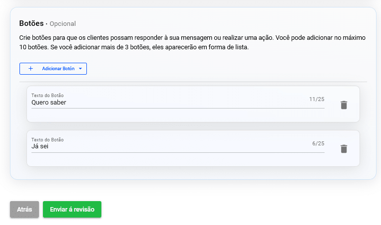Seção de botões interativos do template com exemplo de respostas rápidas e botão Enviar à revisão
