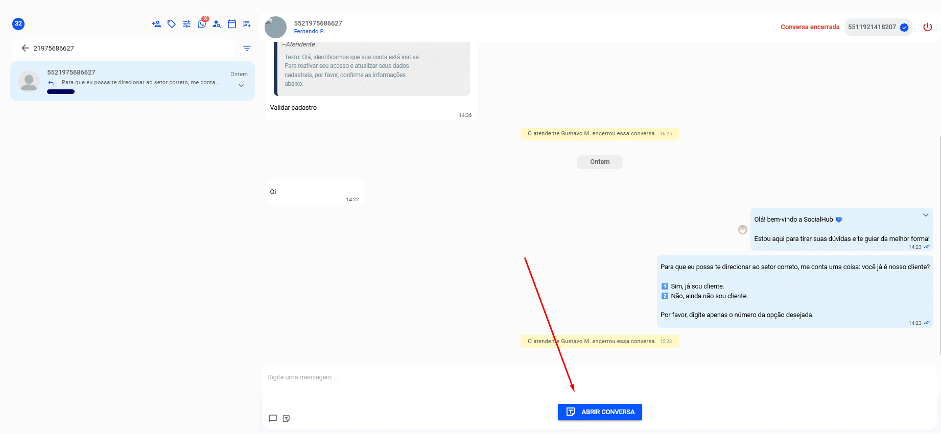 Tela do atendimento com botão Abrir conversa em destaque