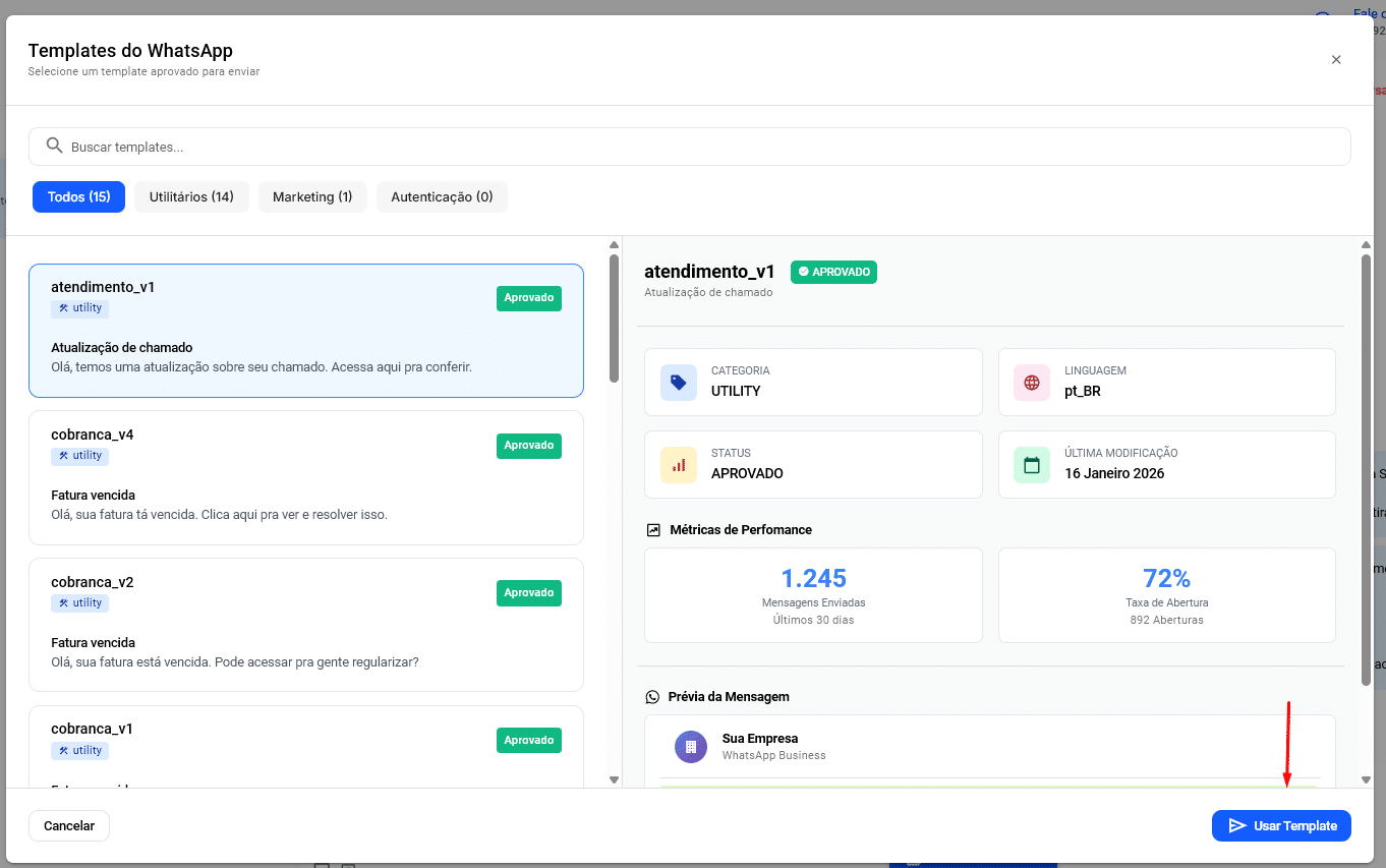 Modal de templates do WhatsApp com lista de modelos e botão Usar Template