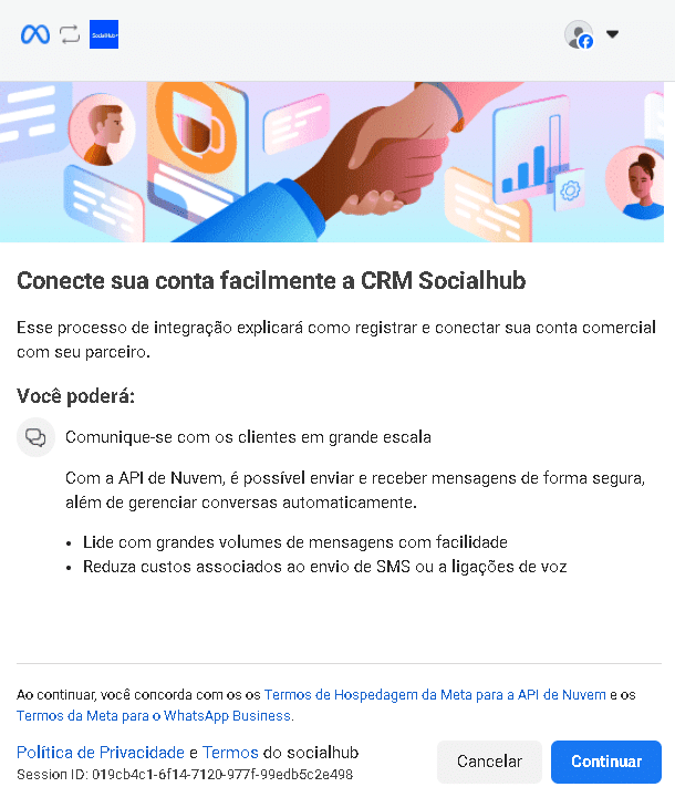 Pop-up da Meta com tela Conecte sua conta ao CRM Socialhub e botão Continuar