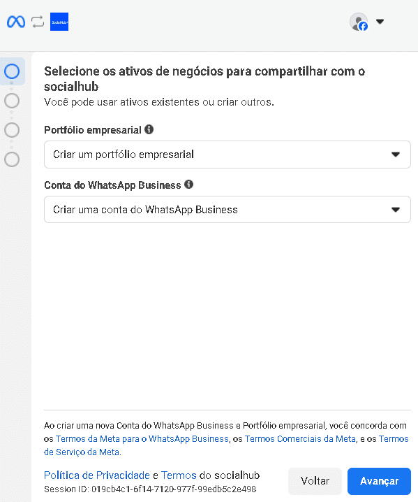 Tela da Meta para selecionar portfólio empresarial e conta do WhatsApp Business