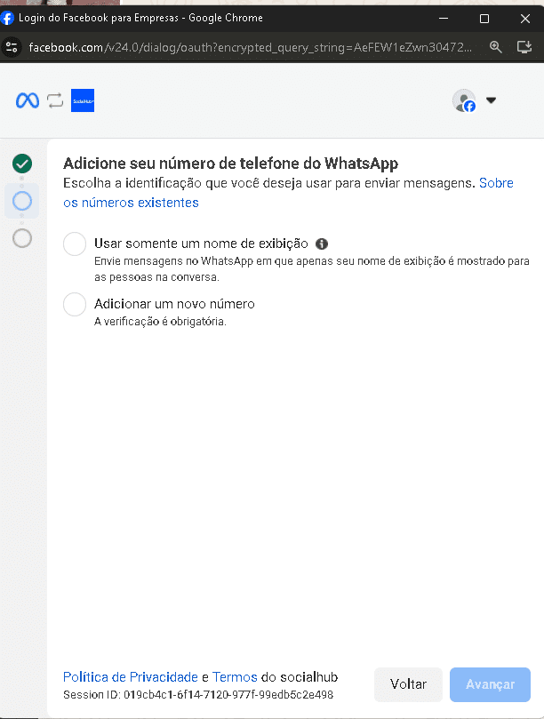 Tela da Meta para adicionar número e nome de exibição do WhatsApp Business