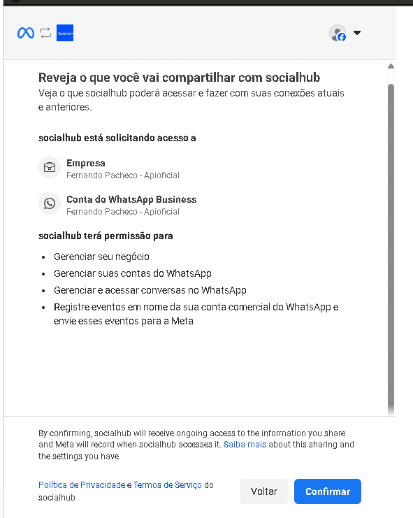 Tela da Meta revisando o que será compartilhado com a SocialHub e botão Confirmar