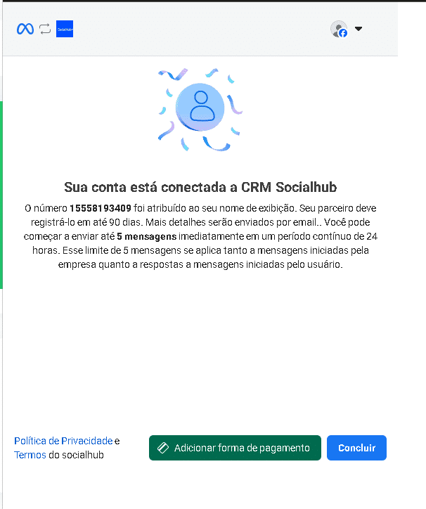 Tela informando que a conta está conectada ao CRM SocialHub com opção de adicionar forma de pagamento